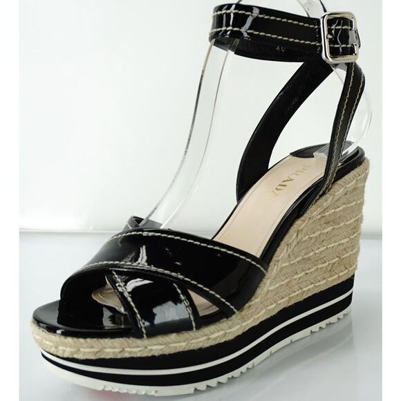 Prada Patent Ankle Strap Platform Espadrille Wedge Sandals - Picture 10 of 10
